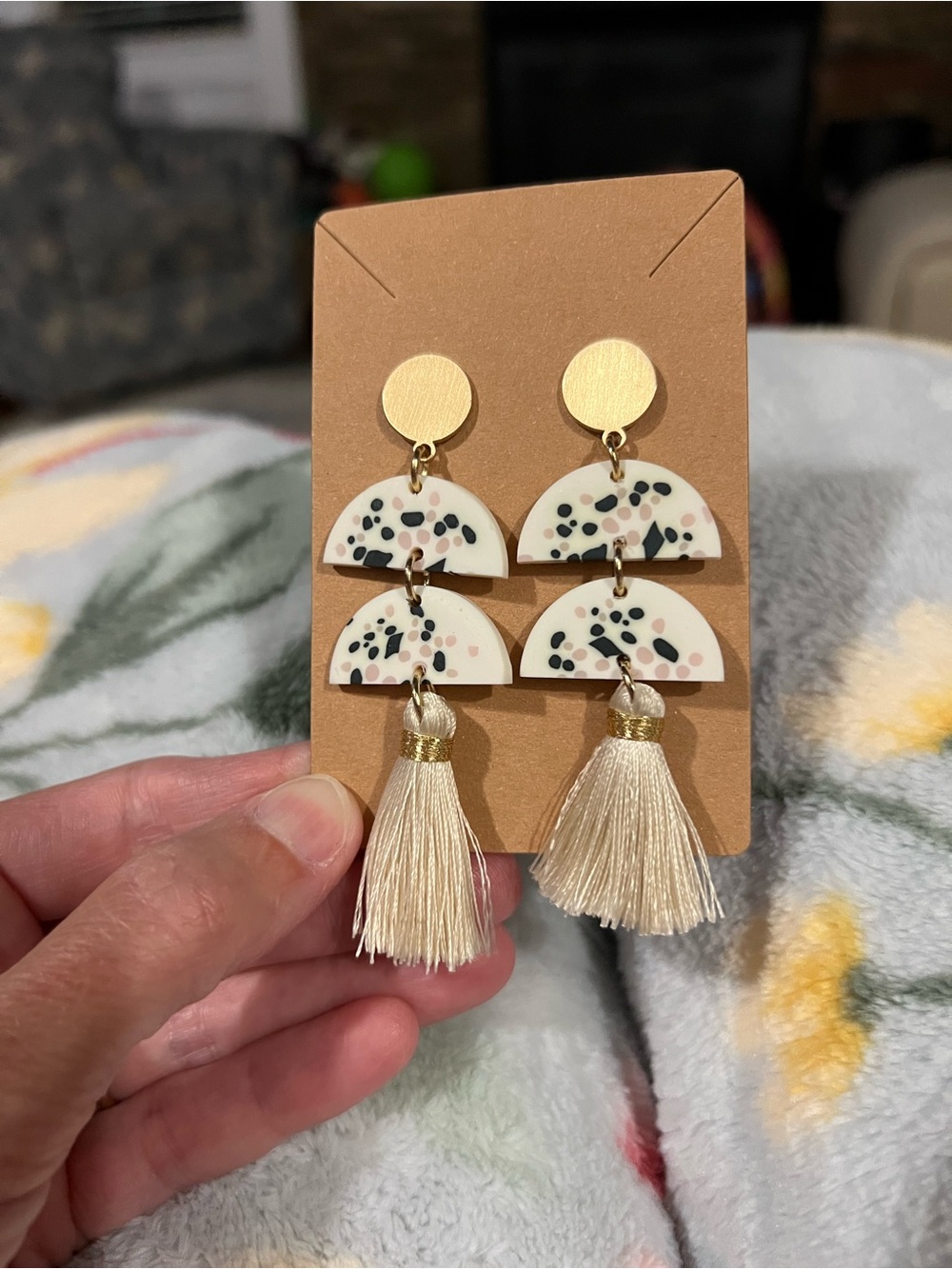 Tassel Drop Earrings in Cream with Confetti Detail